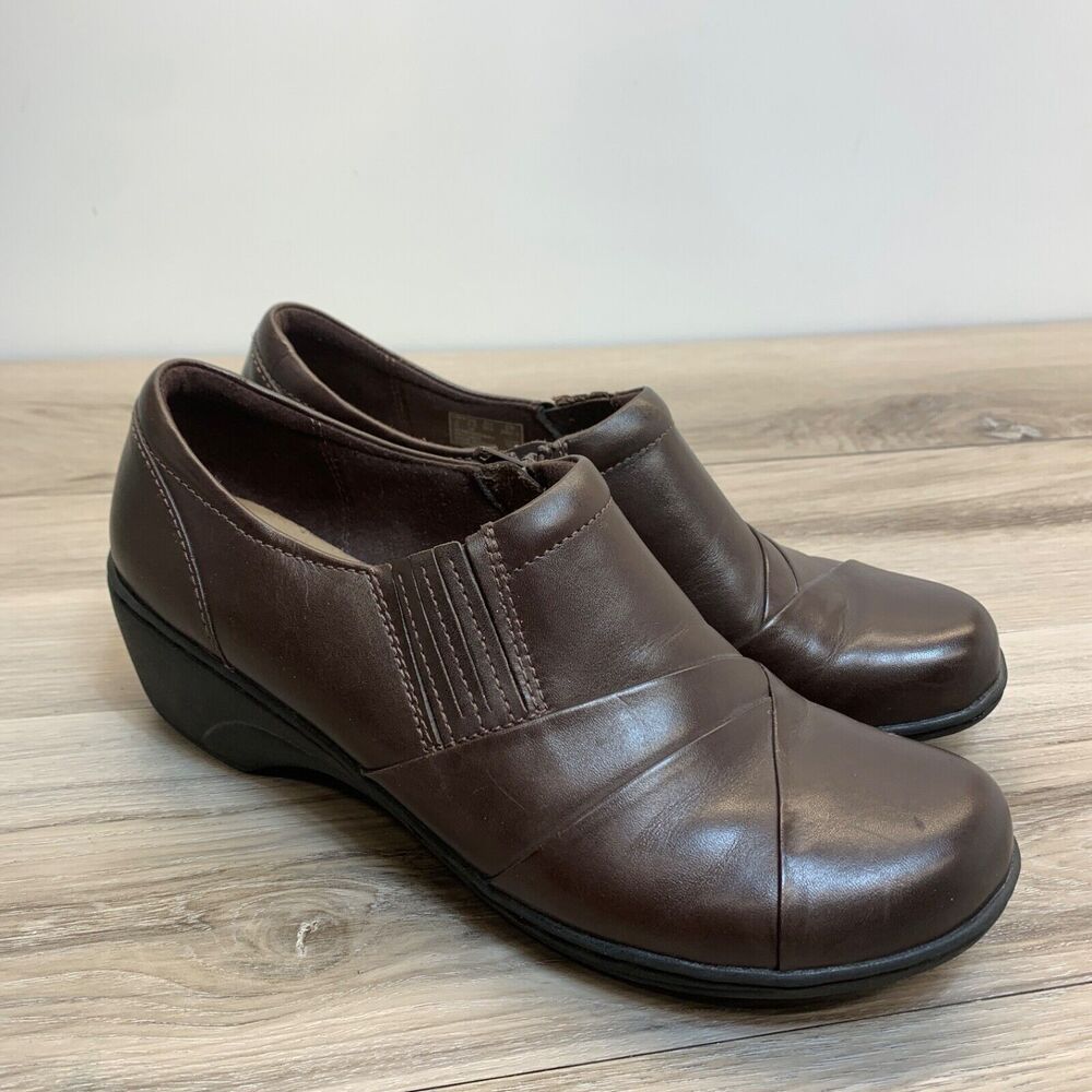 Clarks Womens Channing‎ Kim Loafers Shoes 8.5 Brown Zip Low Heel Clogs